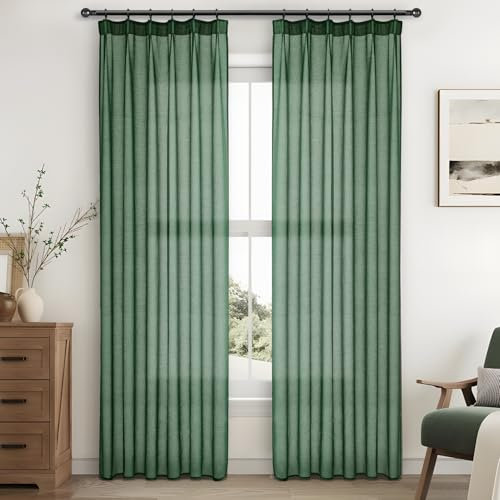 MRTREES Gardinen dunkelgrün transparente gardinen kräuselband Stores Gardinen kurz 245X140cm (HXB) Schlaufenschals 2er Set Vorhänge in Leinenoptik für Wohnzimmer Schlafzimmer küchenfenster