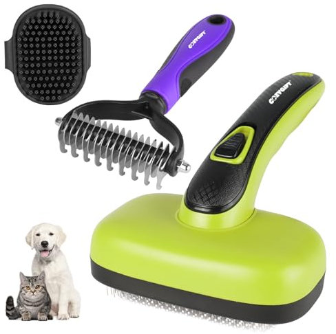 3PCS Dog Brush Kit for Dogs, Cats & Small Animals. Self-Cleaning Slicker Brush for Short & Long Hair, Haired Breeds, Dual-Sided Undercoat Rake, Bath Tool. Safe Steel Pins, Ideal for Most Pets. Green