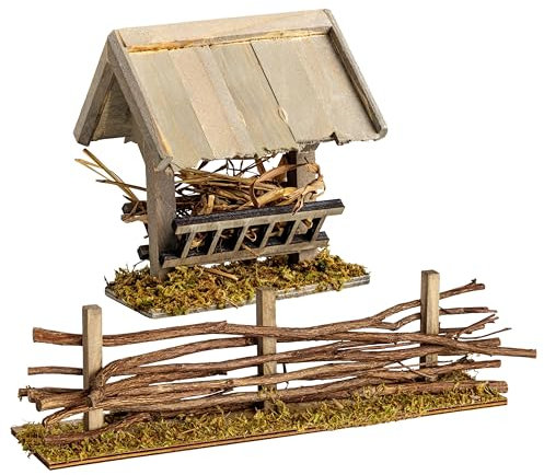 Set WEIDENZAUN und FUTTERKRIPPE aus Holz – Handgefertigtes Krippenzubehör [ca. 30 cm lang, 7 cm hoch] für Weihnachtskrippen und Modellbau