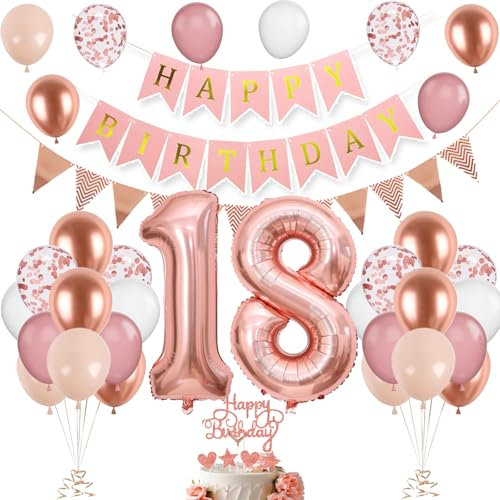 Roségold 18. Geburtstag Deko: Luftballons, Zahl 18, Tortendeko in Weiß, Rosa für Party
