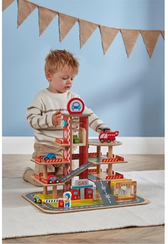 ToyLife Wooden Garage Playset – 3-Level Parking Garage with Cars, Helicopter, and Ramp for Imaginative Play – Ideal for Kids, Ages 3+