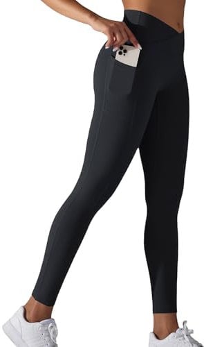 JTSONN Damen Sport Leggings High Waist Bauchweg Sporthose Lang Blickdicht Yogahose mit Taschen Tights Fitnesshose Yoga Gym Laufhose Sportleggins schwarz M