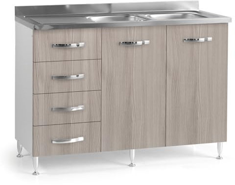 REDÒKASA Sotto lavello per cucina componibile da 120 cm con due ante e 4 cassetti, realizzata in legno 100% MADE IN ITALY (Con Lavello Vasche a Destra, Olmo)
