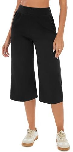 Crewhpo Pantaloni Capri da Donna 3/4 Pantaloni Yoga con Tasche Pantaloni Palestra Vita Alta Pantaloni Tuta Leggeri Pantaloni Jogging Larghi per Pilates Danza Fitness Nero L