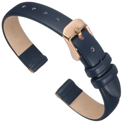 sourcing map Dark Blue Genuine Leather Band 10mm Width, Flat Thin Elegant Leather Watch Strap Rose Gold Buckle for Men and Women
