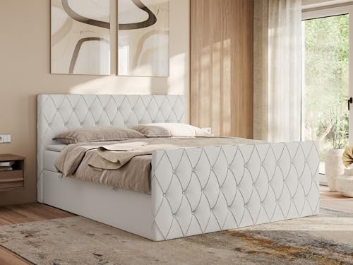 MKS MEBLE Boxspringbett 140x200 cm Miren Duo – Bett mit Bettkasten & Kopfteil, Ziernähte/Steppung – 2× 7-Zonen Taschenfederkern Matratze H3 mit Topper T25 – Weiß Kunstleder