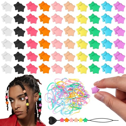 Ioffersuper Silicone Hair Beads Kit 100 Pcs Star-Shaped Rubber Beads for Braids with Colorful Hair Elastics,Beading Needle,Clear Box,Hair Beads for Women, Girls, DIY Hair Styling Accessories