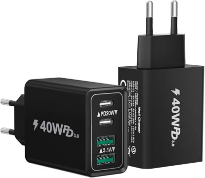 2Pack Chargeur USB C, 40W Chargeur Rapide iPhone, 4-Port USBC Power Adaptateur+QC Multi USBC Bloc Prise Rapide Chargeur pour 16 15 14 13 12 11 Pro Max Plus, iPad, Samsung Galaxy,Type C Secteur Murale