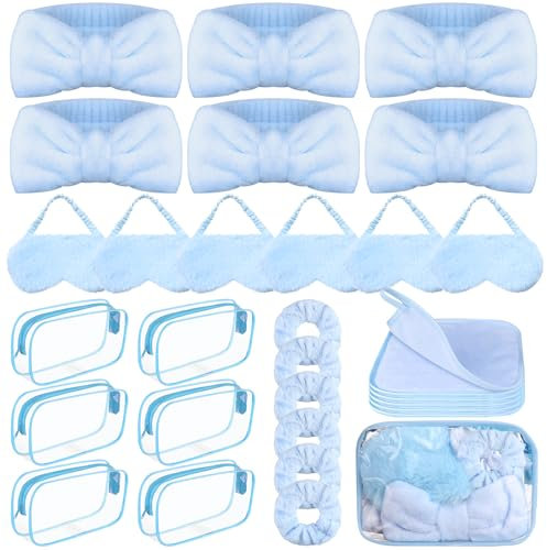 Lot de 30 accessoires de fête spa pour filles avec 6 nœuds, 6 masques de sommeil en peluche bleue, 6 chouchous en velours, 6 chiffons démaquillants, 6 trousses cosmétiques transparentes pour femme