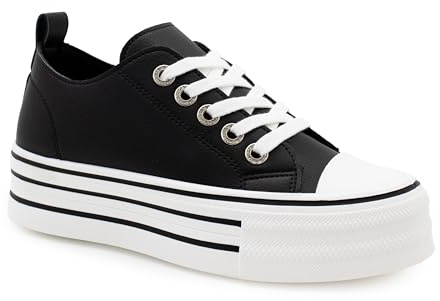 IMTY Womens Platform Canvas Trainers Lace Up Chunky Sole Baseball Sneakers Ladies Flat Low Top Fashion Trainer Pumps (Black PU, UK Footwear Size System, Adult, Women, Numeric, Medium, 5)