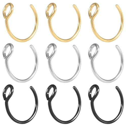 JEYORZY 9 Pièces Faux Piercing : Nez, Septum, Lèvres - Acier Chirurgical - No-Piercing - Ear belly - Fake Body Jewelry