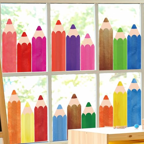 8 Bögen bunte Bleistift-Fensteraufkleber, wiederverwendbar, Aquarellstifte, Fensteraufkleber, Anti-Kollision, nicht klebende PVC-Fensteraufkleber für Schulanfang, Klassenzimmer, Zuhause, Wandspiegel