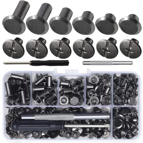 Chicago - Set di 110 viti Chicago in acciaio inox M5 x 4/5/6/8/10/12 mm, viti Chicago con 2 strumenti per fai da te in pelle, borse, artigianato, colletto, portafogli (grigio)