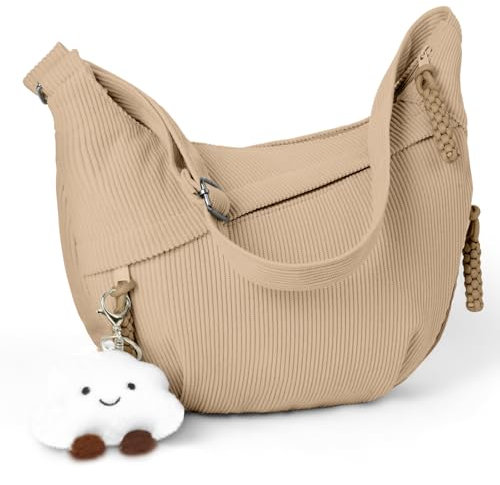 Aucuu Crossbody Bag Damen Umhängetasche, Halbmond Crossbody Bag, Cord Tasche Casual Schultertasche, Hobo Halfmoon Bag mit Verstellbarer Schultergurt, Bauchtasche Damen für Arbeit Reisen Alltag