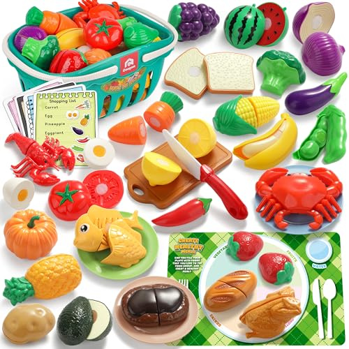 Coogam Pretend Play Food Set for Children, Fake Fruits Meats Vegetables Balanced Meal Mixing and Cutting Toy, Play Kitchen Accessories with Shopping List, Educational Toy for 3 4 5 Years Old Kids