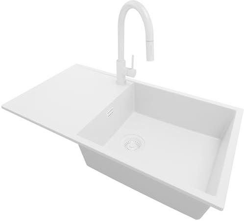 PRIMAGRAN Granitspüle ab 60er Unterschrank + Küchenarmatur, 90x50cm | Set: Küchenarmatur BW9010 + Ablauf-Set (Siphon, Ablaufgarnitur, Überlauf) + Spülbecken 1 Becken - Ibiza , Alles Weiß