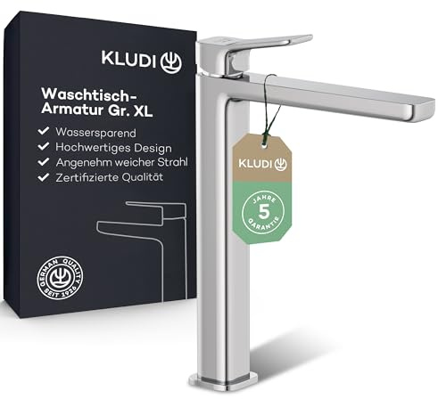 KLUDI-X3 Waschtischarmatur hoch, Auslaufhöhe 240 mm, wassersparender Wasserhahn Bad Größe XL, Keramikkartusche, Mischbatterie Waschbecken inkl. Anschlussschläuche in Chrom