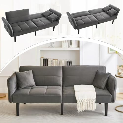 Merax 2-in-1 Verstellbares Schlafsofa Zweisitzer, mit Samtbezug, klappbaren Armlehnen & Schlaffunktion, Massivholzfüße, platzsparendes Falt-Design, inkl. 2 Kissen, 176x78x76cm, Antikgrau