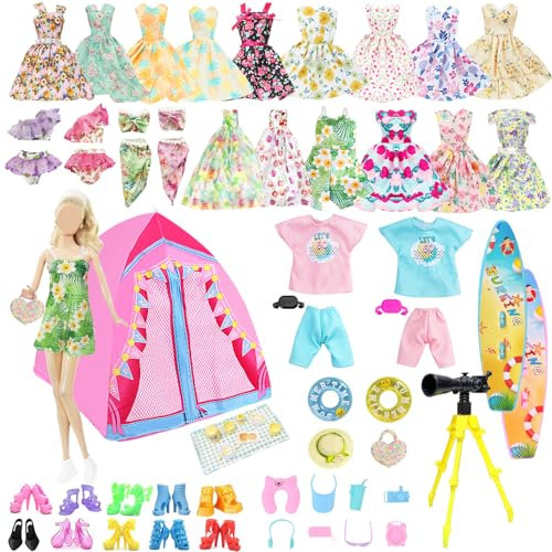 43 Stück Puppen Camping Zubehör Set, Puppenkleidung Campingzelt Spielset mit Zelt Kleidung Schuhen Schwimmring für 11.5 Zoll Große Puppen Mädchen Geschenk