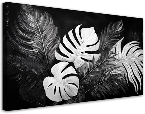 Feeby Wandbild - Wohnzimmer Modern Deko - Monstera-Blätter Schwarz und Weiß - 100x50 1tlg - Bilder Leinwand - Bild auf Leinwand Schlafzimmer - Leinwandbilder für die Wand - Canvas Painting - Fotokunst