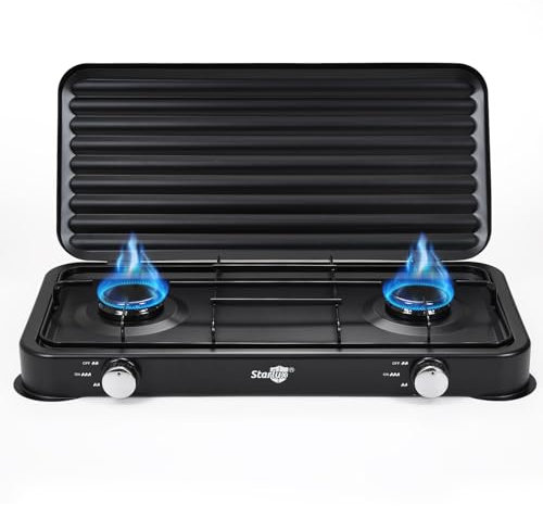 Warmiehomy Double Camping Stove, 2 Burner Portable Gas Stove, 4400W Gas Hob Cooker with Lid & Regulator, Propane Camp Stoves for Camping, Garden, Travel, Outdoor Cooking