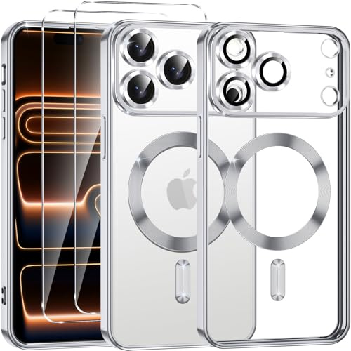 Phoona Transparent Magnética Funda Galvanizada para iPhone 17 Pro MAX 6,9 Pulgadas, con 2 x Protector Pantalla, Compatible con MagSafe Carga Inalámbrica, Suave de TPU Anti-Choques Caso, Plata