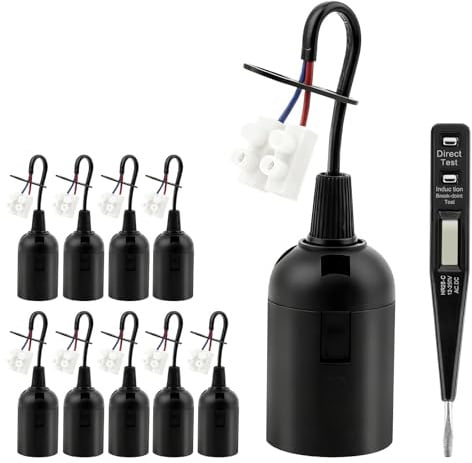 Sudnsadaks 10 Pièces Douille E27, Douille Ampoule, Rénovation Douille Chantier, Support d'Ampoule avec Câble, Bâtiment Base Lumière Suspension avec Testeur Phase, Rechange Bâtiment pour Travaux, Noir