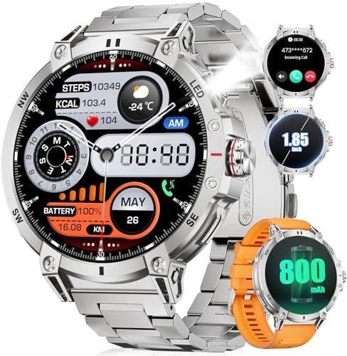 LIGE Smartwatch Herren mit LED-Licht,1.85 HD Großes Display/800mAh Akku,Sportuhr Herren mit Anrufe,120+ Sportmodi,IP68 Wasserdicht Herzfrequenz/Schlafmonitor Fitnessuhr für iOS Android,Silber