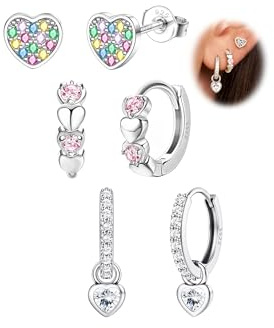 MOGASA 3 Paar Ohrringe Silber 925 für Mädchen Kinder Ohrstecker Creolen Set | Hypoallergen Herz Stern Schmetterling Regenbogen Hängend Kinder Ohrringe Mädchen Ohrringe Silber 925 Damen Schmuck Geschenk