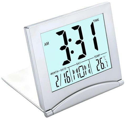 Digitaluhr LCD Reisewecker Klappbar, Kleiner Digitaler Reisewecker mit Hintergrundbeleuchtung Batteriebetriebener 12/24H Digitale Uhr mit Tages Datums und Temperaturanzeige für Schlafzimmer Büro