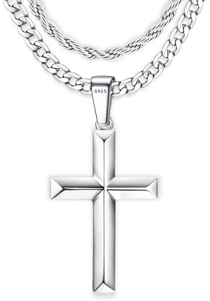 Morfetto 925 Sterling Silver Cross Pendant Necklace for Men Women 16-26IN | Hypoallergenic Stainless Steel Link and Rope Chain Set Durable Waterproof Layered Crucifix Pendant Jewellery with Gift Box