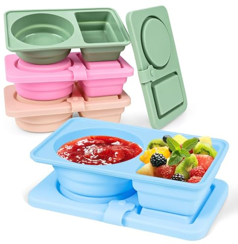 Xygobla 4 Pack Silicone Snack Containers Lids | Double Compartment Leakproof Small Food Containers Dips Sauce Snack Box Travel Office Picnic Portable 4 Colors