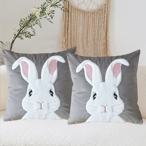 FUFRE Kissenbezüge Ostern 45x45cm, 2 Stück Ostern Deko Hase Kissenbezug, Osterhase Kissenhülle 45x45cm, Osterdeko Hase Kissenbezüge, Osterdeko Kissenbezug Frühling Hase Plüsch Zierkissenbezüge (Grau)