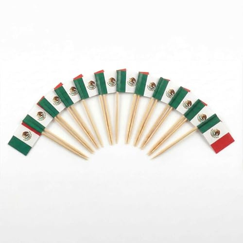 Mobi Lock 120 Piezas Palillos Cóctel con Bandera de México - 6,5 cm (2,5 in) Palitos bambú con Mini Banderas - Palillos de Adorno para Aperitivos y Bebidas