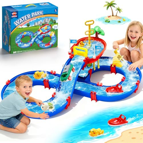 VATOS 2-Tier Outdoor Water Table Toys for Kids, 61PCS DIY Summer Waterways Playset with Pump, Toddler Water Park Toys for Pool Backyard Beach, Sensory Activity Fun Toy Gift for Boys Girls 3-5 4-8