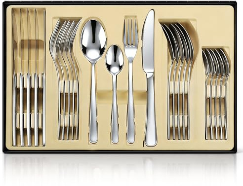 SHEUMNT 24-Piece Stainless Steel Silver Flatware Set with Gift Box | Silverware Set, Mirror Polishing, Kitchen Utensil Set Service for 6, Tableware Cutlery Set for Home and Restaurant