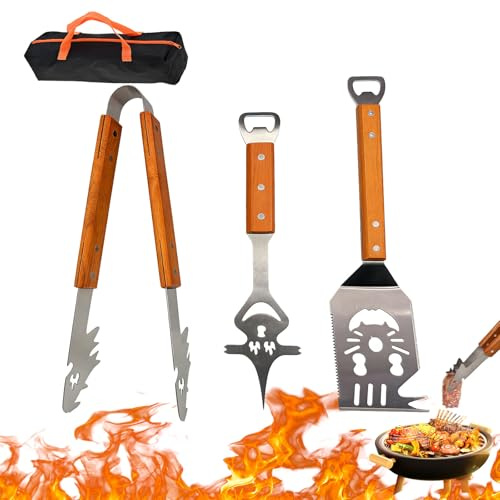 Grillbesteck Set 3-teilig Extra Lang aus Edelstahl – Grillzange, Grillwender & Fleischgabel mit Holzgriff und Tasche, Grillzubehör, BBQ Geschenk für Männer