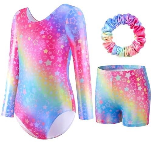 FILOWA Gymnastikanzug für Mädchen Dreiteilige Turnanzug Set, 3-14 Jahre | Langarm, Ärmellos, Shorts und Haargummi, Kinder Turnbody, Glitzer, Farbverlauf Trikot, Gymnastik Outfit, Wettkampf Leotard