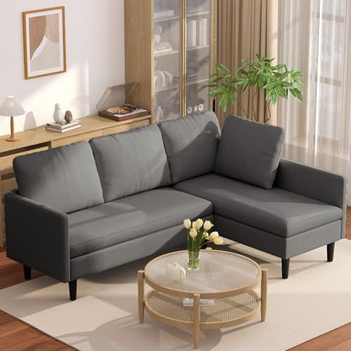 Blishom Ecksofa mit Schlaffunktion, L-Form Schlafsofa 3-Sitzer, Wandelbare Eckcouch aus weichem Frotteestoff, Modulares Sofa mit Bettfunktion für Wohnzimmer oder Gästezimmer, Dunkelgrau