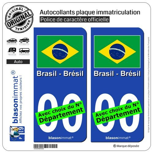blasonimmat 2 Autocollants Plaque immatriculation Auto : Brésil - Drapeau