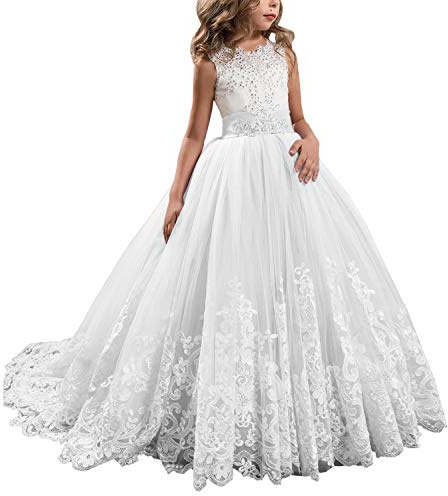Princess White Long Girls Pageant Dresses Kids Prom Puffy, White, Size 6