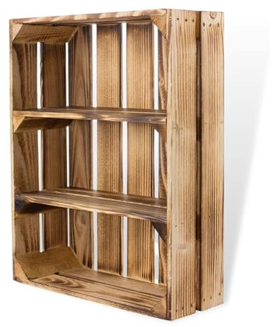 3 Regalkisten flach mit Fächern in geflammter Optik - Obstkiste mit Regalboden flambiert - neue flammbierte Holzkisten als Gewürzregal Wandregal Kosmetikschrank Badregal Küche 50x40,5x16cm