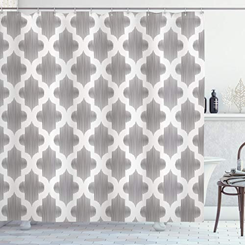 ABAKUHAUS Grau und Weiß Duschvorhang, geometrische Damast, Stoffliches Gewebe Badezimmerdekorationsset mit Haken, 175 x 200 cm, Dimgrey Weiß