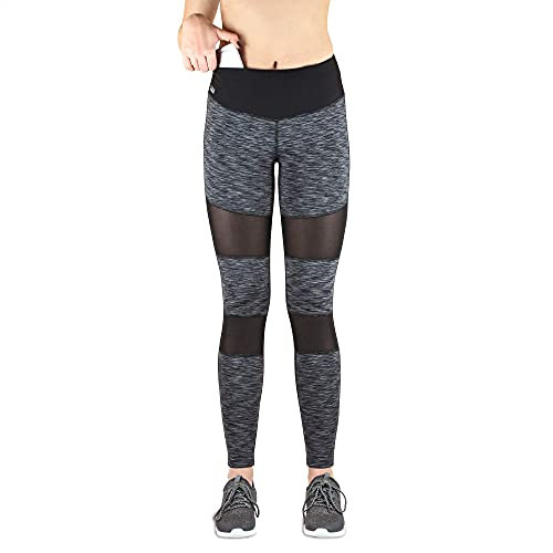 Formbelt Variosports [Leggings mesh mit Taschen lang] - lauftights Fitness Stretch-Hose hüfttasche hoher Bund Tummy Control für Smartphone Handy Netzstoff schwarz-grau L