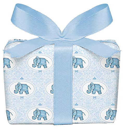 5er Set 5 Geschenkpapier Bögen für Kinder, Kindergeburtstag, Baby, Geburt, Taufe mit ELEFANT KARO in HELLBLAU mit Ornamenten für Jungs, Format 50 x 70 cm