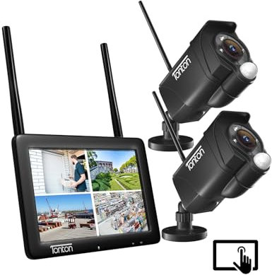 (Touchscreen+PIR) Tonton 4CH Wireless Security Camera System, 7 LCD Monitor+32GB, 2x 3MP Floodlight Cameras, Motion Detection, 2-Way Audio, Color Night Vision, Alexa Compatibility