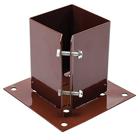 Loops 100 x 100mm Bolt Down Fence Post Base Plate Shoe - Flat Hard Ground Mount Bracket - Brown Powder Coated Steel - Square Wedged Holder Stand - Concrete Flags & Courtyards