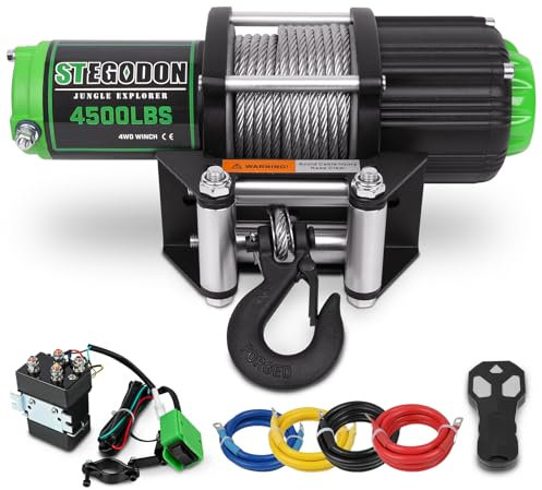 STEGODON Elektrische Seilwinde, 12 V Stahlseilwinde mit kabelloser Handfernbedienung und kabelgebundenem Griff, IP67 wasserdicht, elektrische Seilwinde mit 4-Wege-Rollen-Leitung