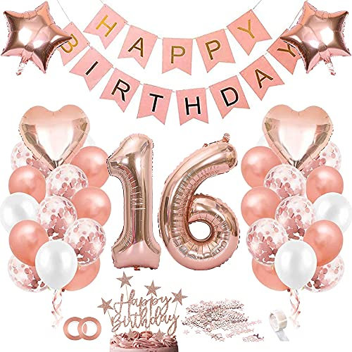 TOPHOPE Luftballon 16. Geburtstag Roségold Folienballon Luftballon Zahlen Geburtstagsdeko Mädchen 16 Jahr Riesen Folienballon Zahl 16 Ballon 16 Deko zum Geburtstag Roségold Happy Birthday
