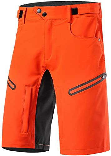 Fahrradhose Herren Kurz Schnelltrocknende Leichte Radhose Herren Kurz Radlerhose ohne Polster MTB Fahrradshorts mit 5 Reißverschlusstaschen (Orange,XL)